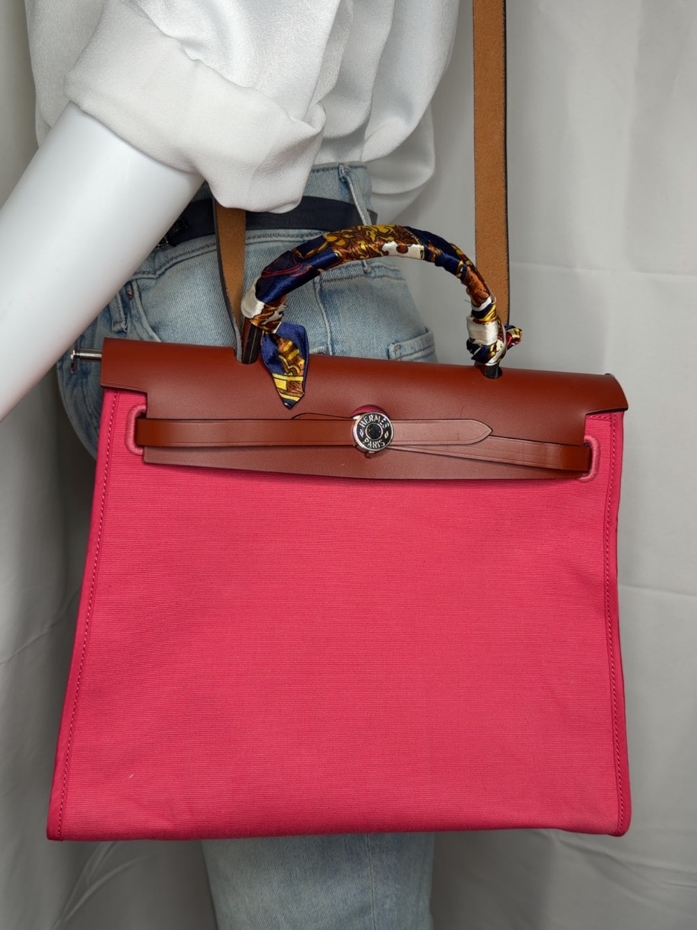 Ladies Pink Canvas Tote with Brown Leather Trim and Scarf-Wrapped Handle